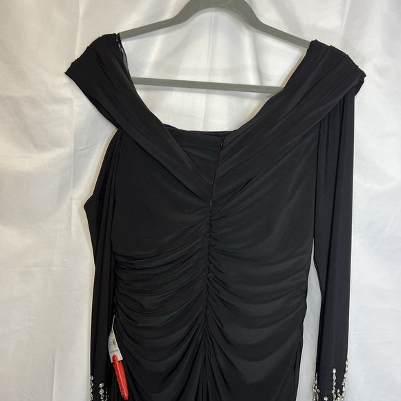 Mac Duggal Black Foldover Long Sleeve Jeweled Midi Dress One-Shoulder Long 10 - Picture 6 of 16